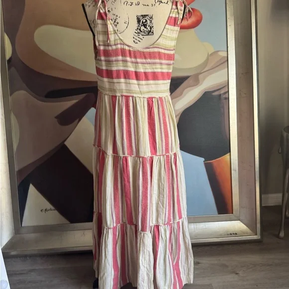 Faherty Lanai linen striped tier boho maxi dress with pockets medium - Picture 6 of 7